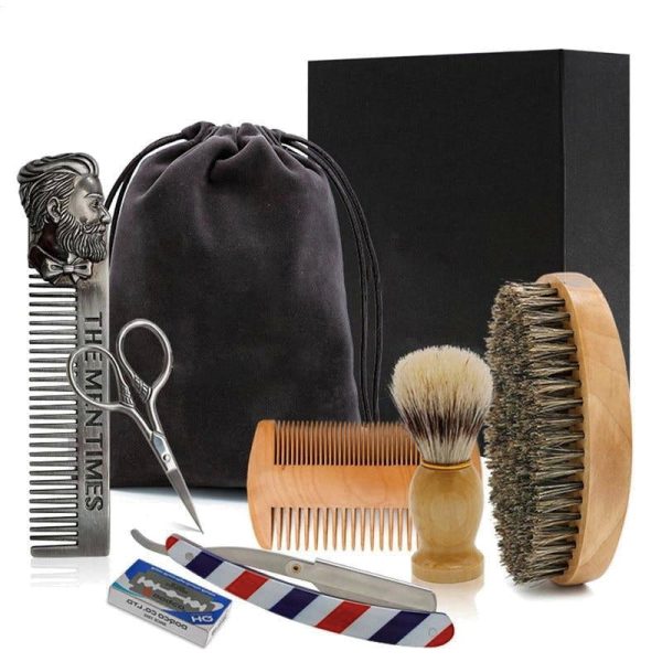 6 pi&egrave;ces/lot Kit de peigne &agrave; moustache en soies de sanglier doux en bois avec sac cadeau &ndash; Brosse &agrave; barbe professionnelle