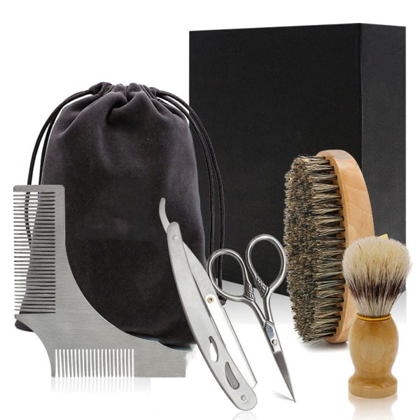 5pcs/set Soft Wooden Boar Bristle Mustache Comb Kit with Gift Box – Professional Barber Hair Brush - SKU PG1245